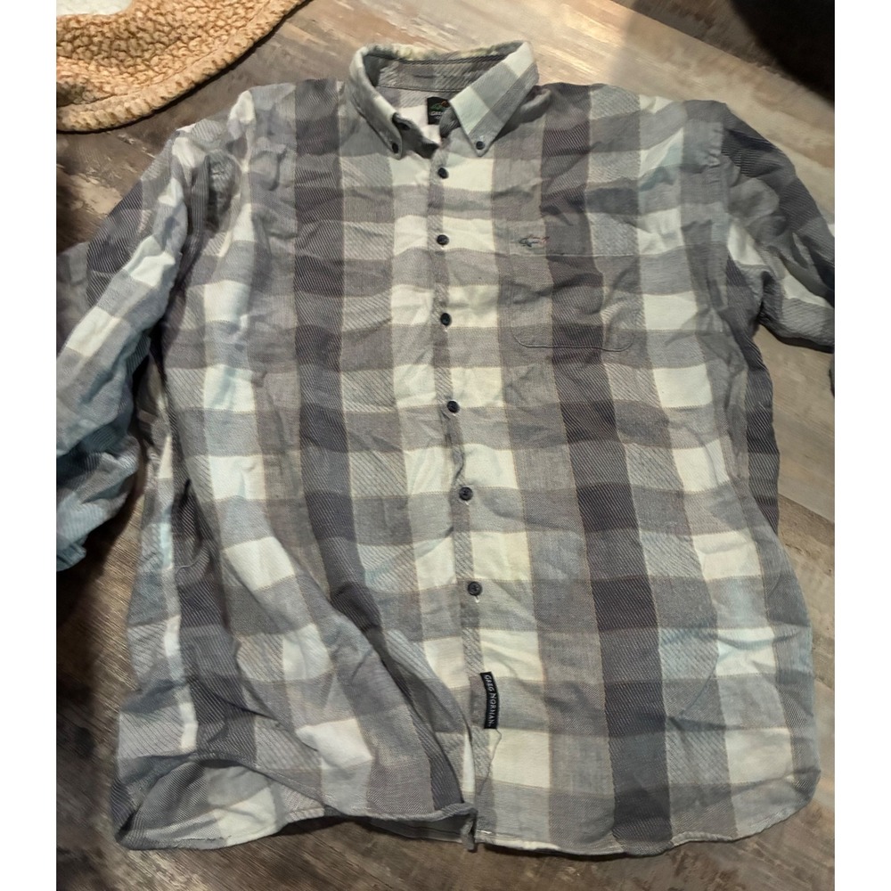 Greg Norman Collection Mens XL Plaid Button Down Shirt Grey White Cotton